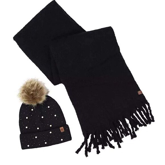 Lucky Brand Black & Pearl Beanie & Scarf Set NIB - Picture 3 of 4